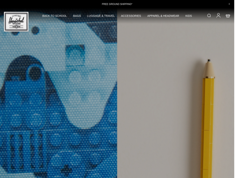 The Herschel Supply Co. homepage split into two full-height image panels, with a boxed logo at top left, a horizontal category menu reading Back to School, Bags, Luggage and Travel, Accessories, Apparel and Headwear, Kids, and a free shipping bar across the top